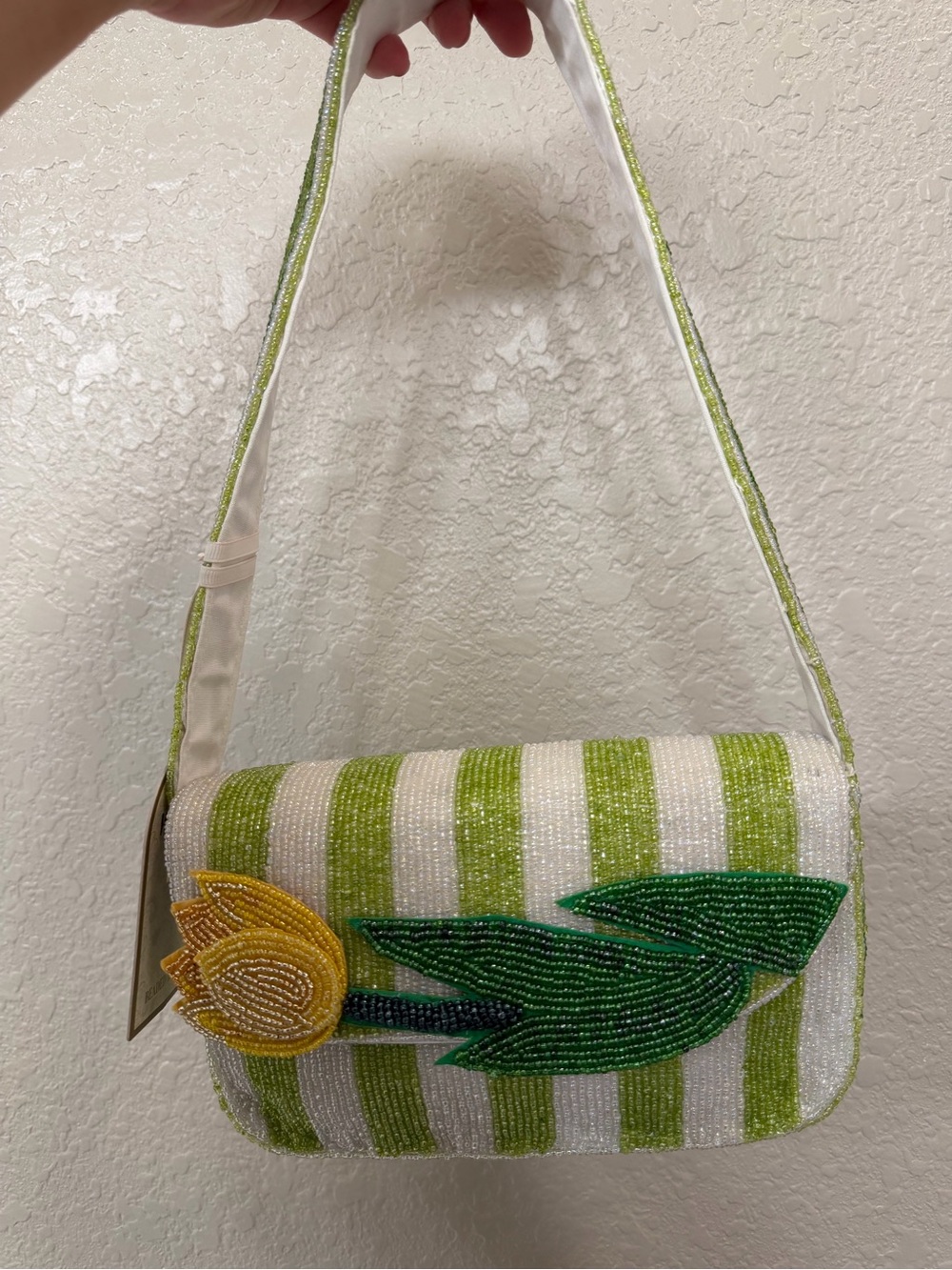Viral Yellow & Green Tulip Striped Beaded Shoulder Bag